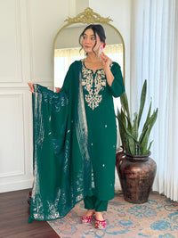 Green Viscose Chanderi Embroidered Kurta Set