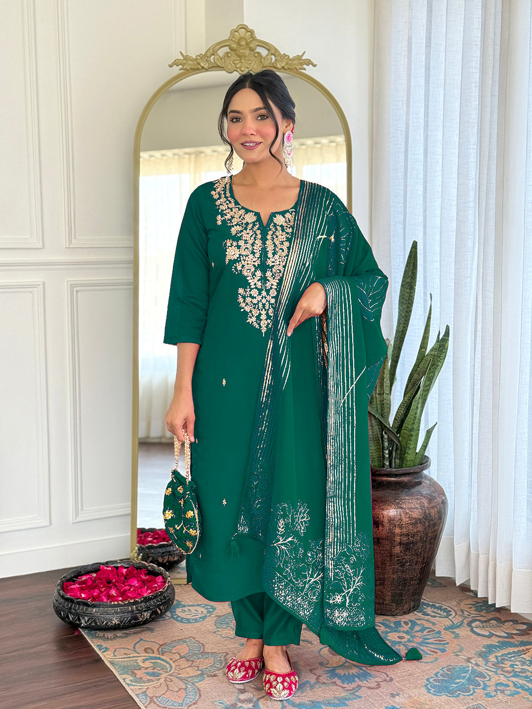 Green Viscose Chanderi Embroidered Kurta Set