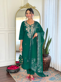 Green Viscose Chanderi Embroidered Kurta Set
