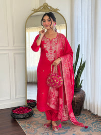 Rani Pink Embroidered Chanderi Kurta Pant Set