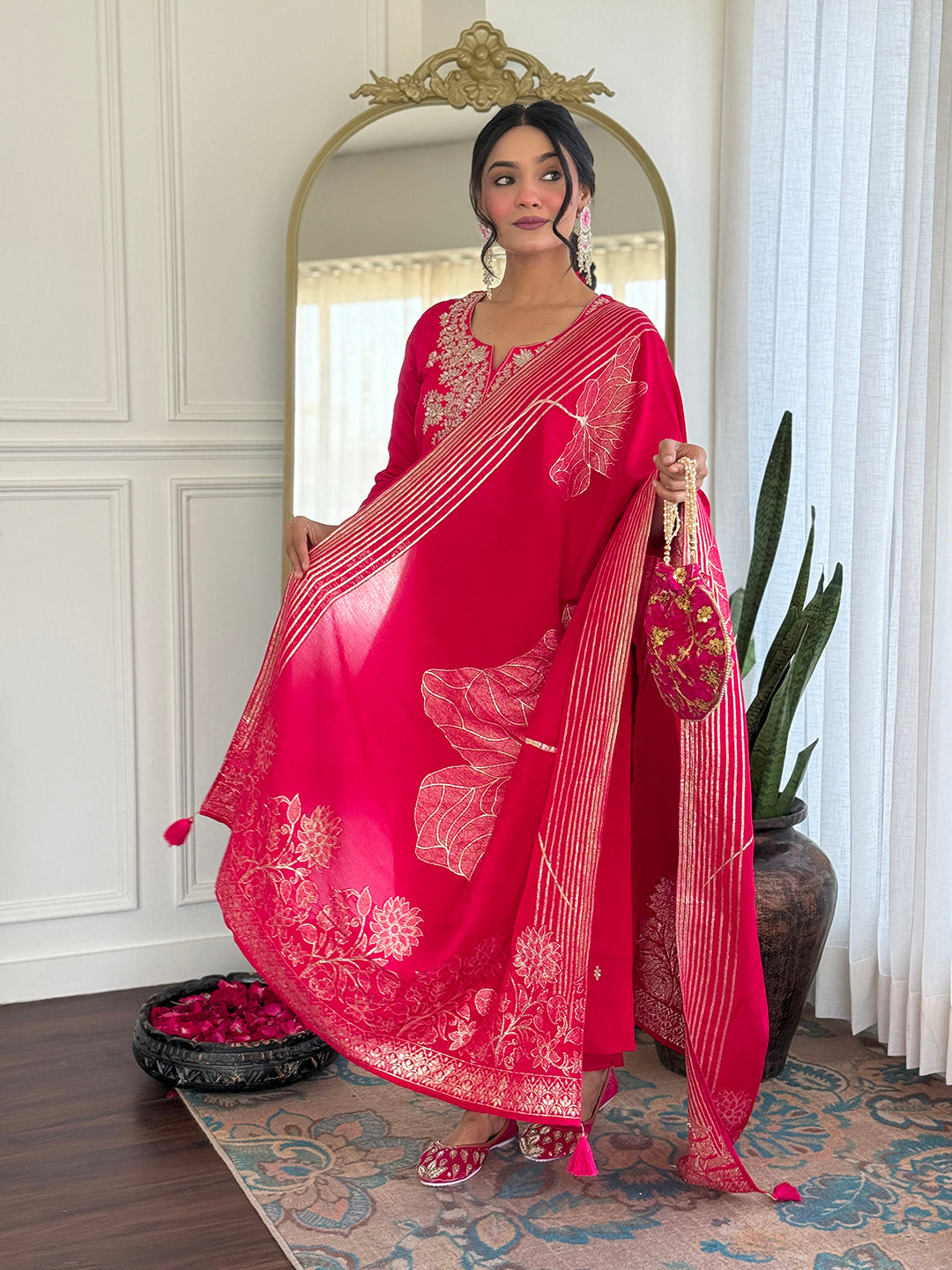 Rani Pink Embroidered Chanderi Kurta Pant Set