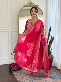 Rani Pink Embroidered Chanderi Kurta Pant Set