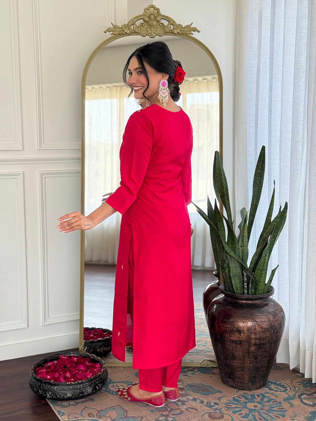 Rani Pink Embroidered Chanderi Kurta Pant Set