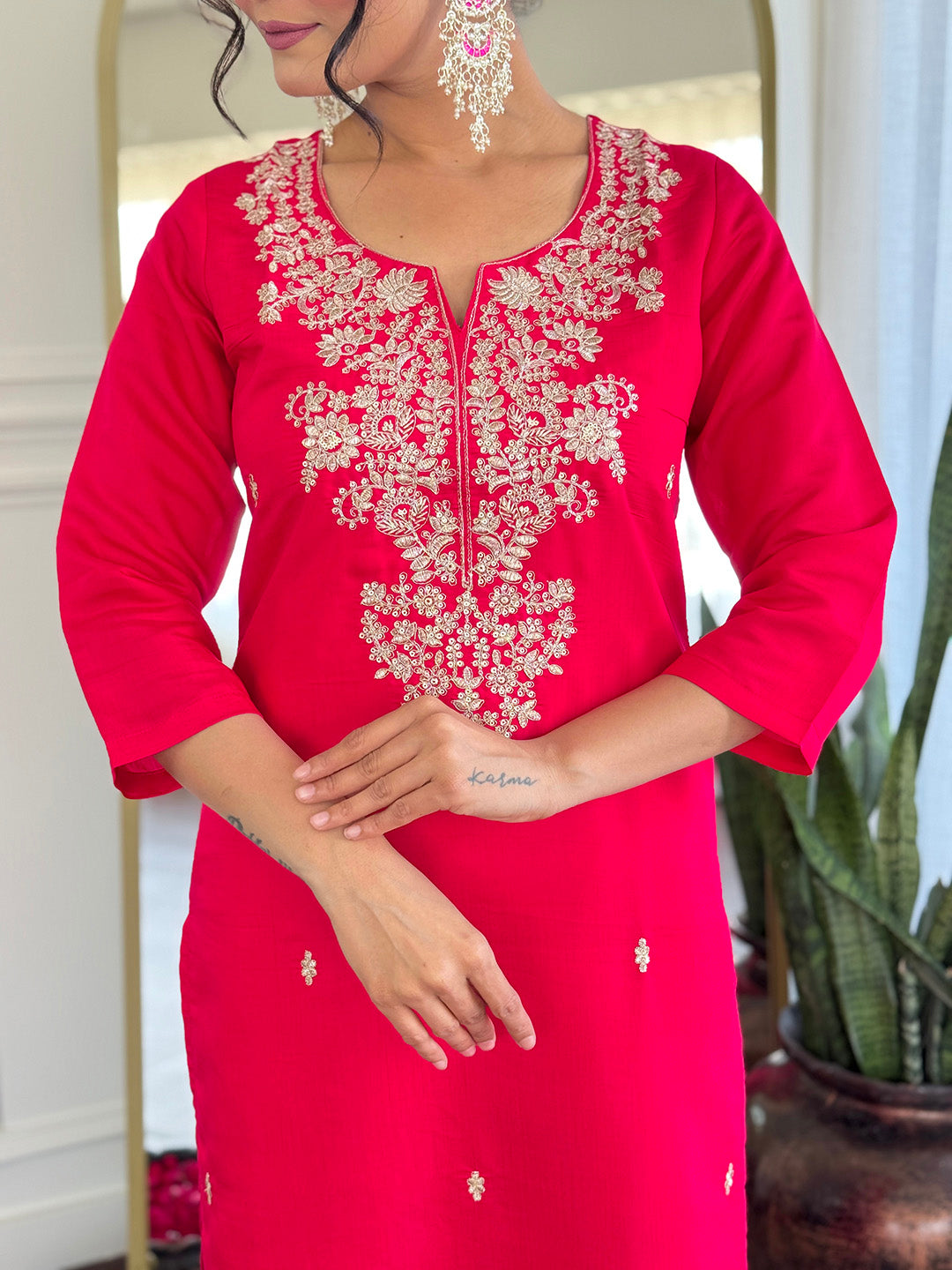 Rani Pink Embroidered Chanderi Kurta Pant Set