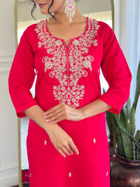 Rani Pink Embroidered Chanderi Kurta Pant Set