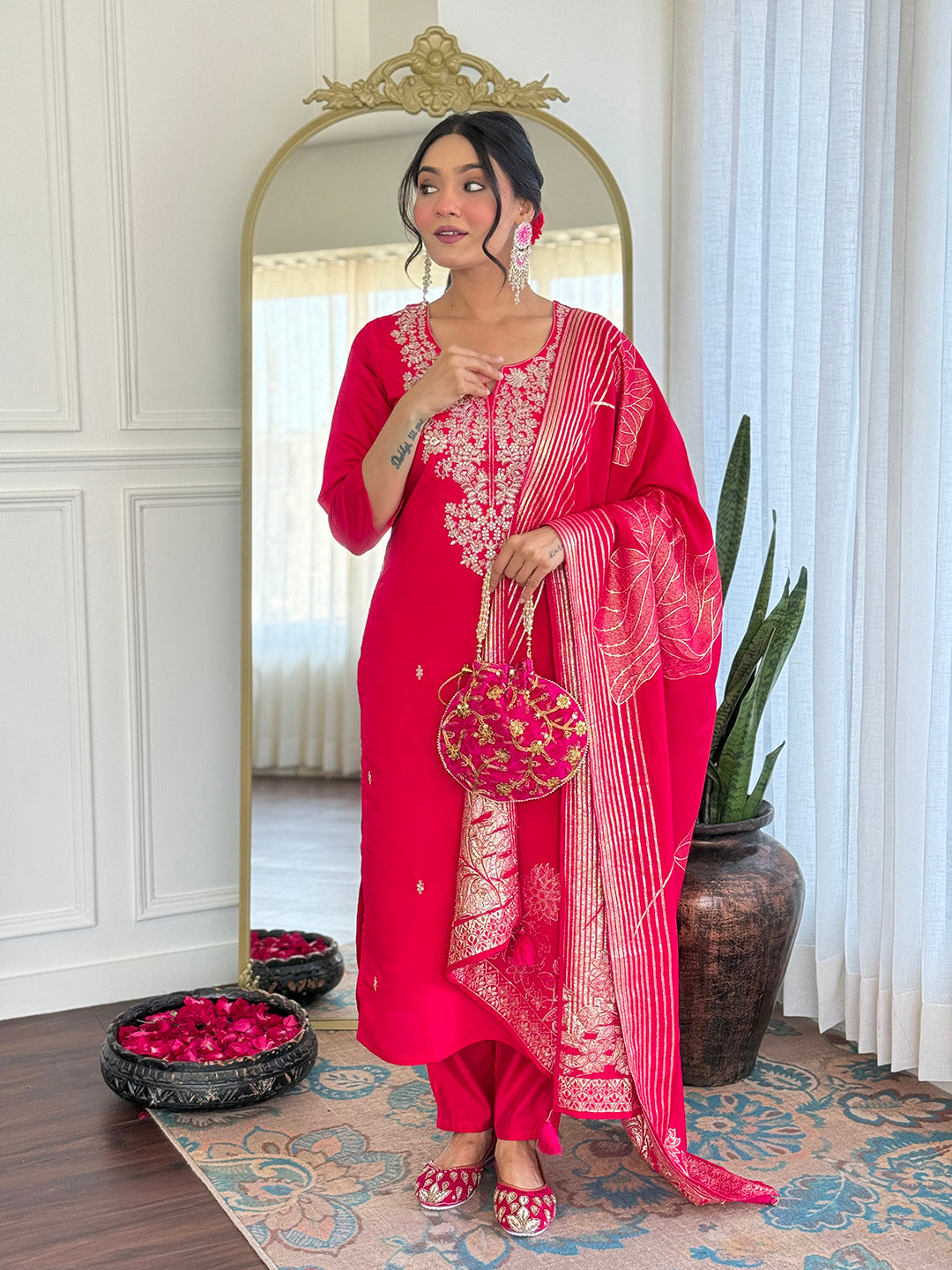 Rani Pink Embroidered Chanderi Kurta Pant Set