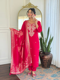Rani Pink Embroidered Chanderi Kurta Pant Set