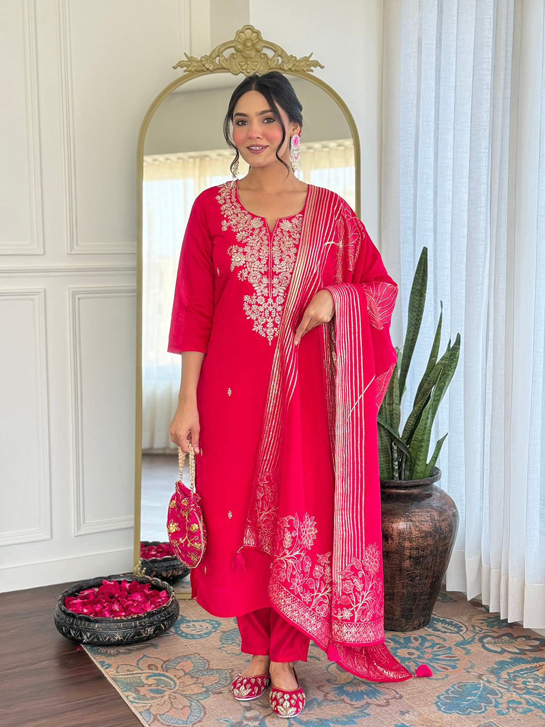 Rani Pink Embroidered Chanderi Kurta Pant Set