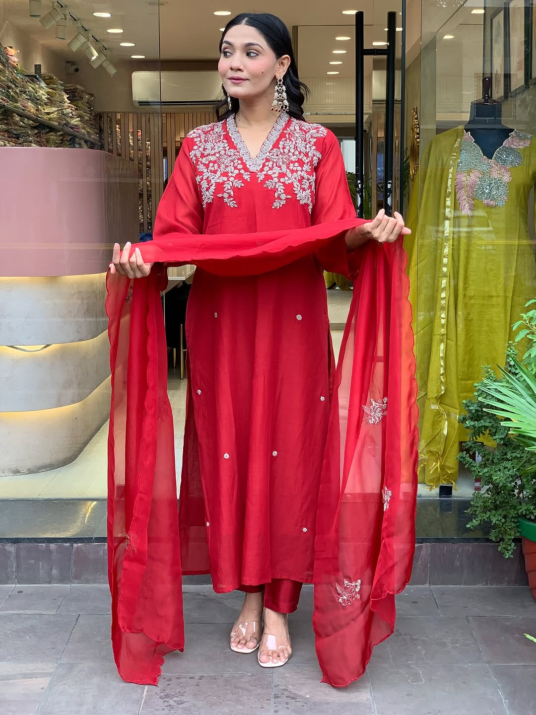 Red Embroidered Viscose Chanderi Kurta Set