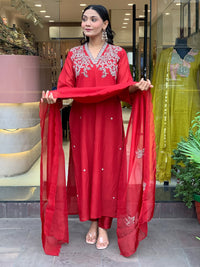 Red Embroidered Viscose Chanderi Kurta Set