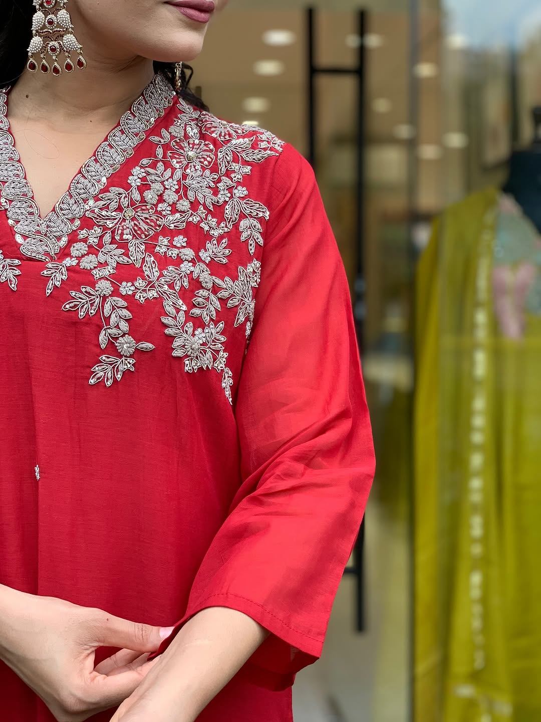 Red Embroidered Viscose Chanderi Kurta Set