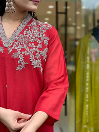 Red Embroidered Viscose Chanderi Kurta Set
