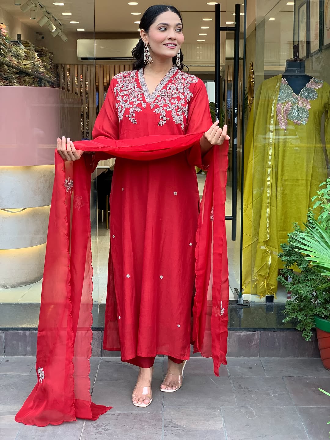 Red Embroidered Viscose Chanderi Kurta Set