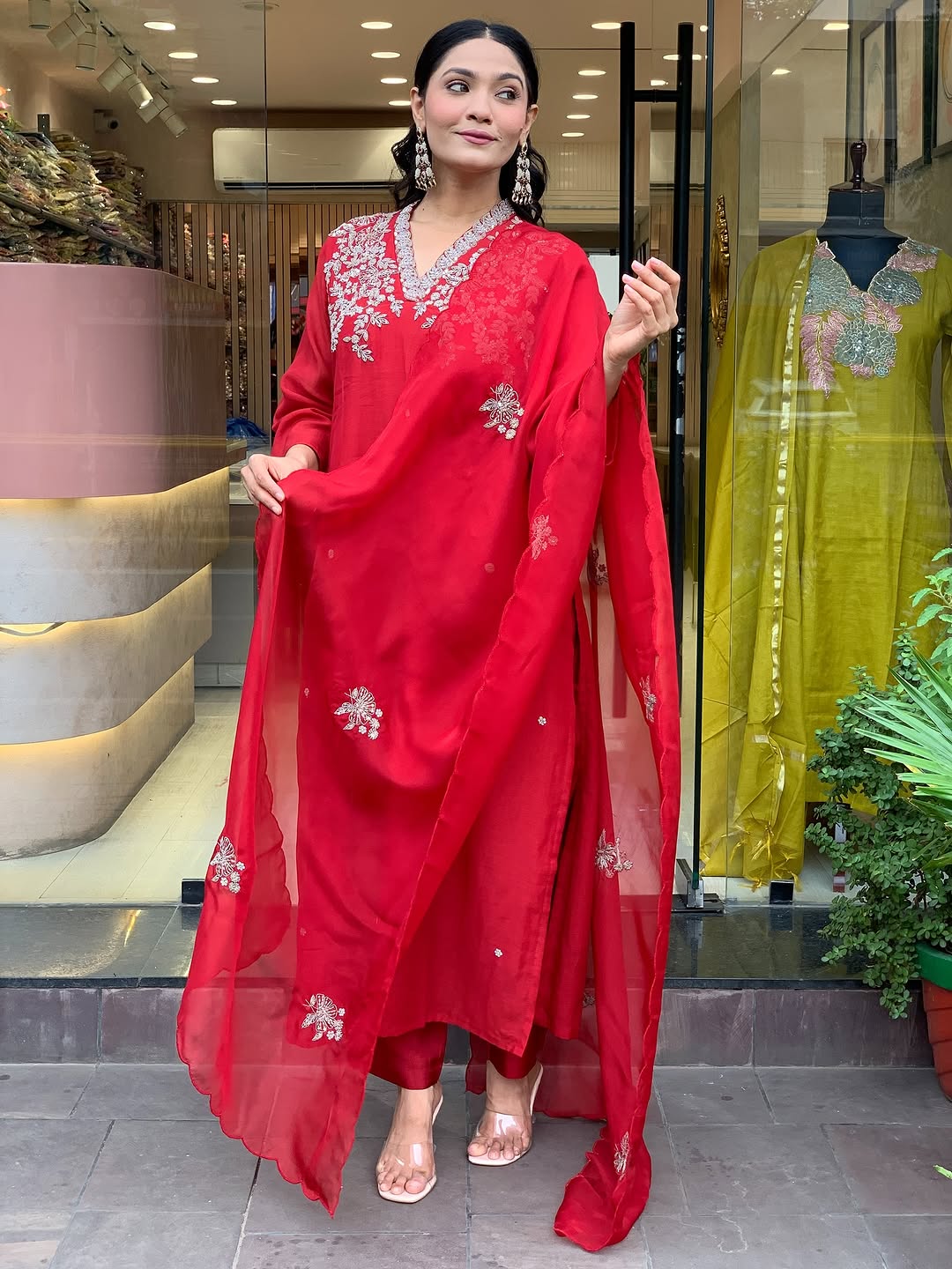 Red Embroidered Viscose Chanderi Kurta Set