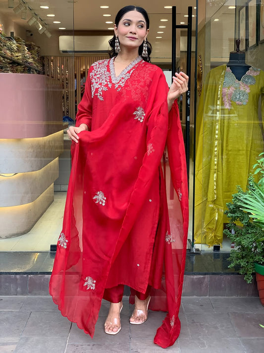 Red Embroidered Viscose Chanderi Kurta Set