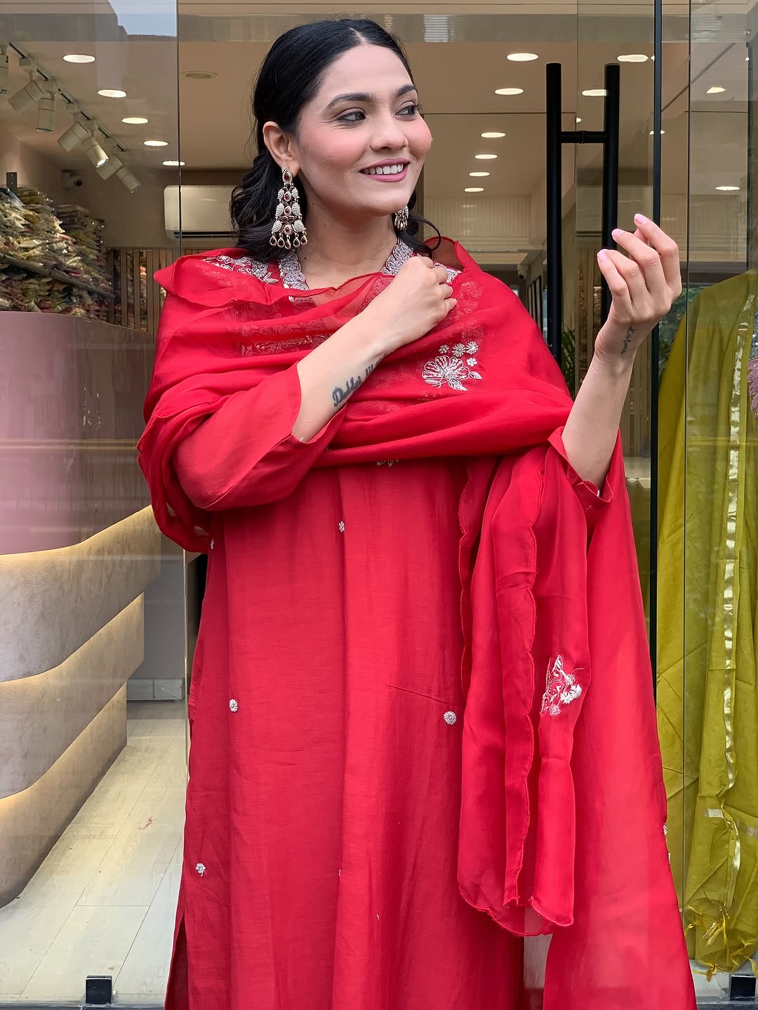 Red Embroidered Viscose Chanderi Kurta Set