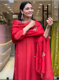 Red Embroidered Viscose Chanderi Kurta Set