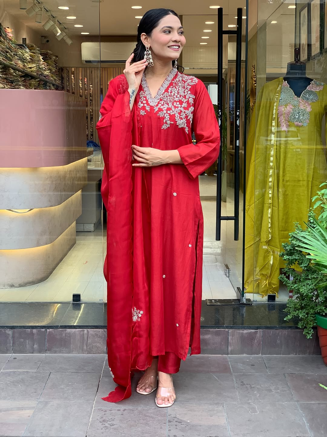 Red Embroidered Viscose Chanderi Kurta Set