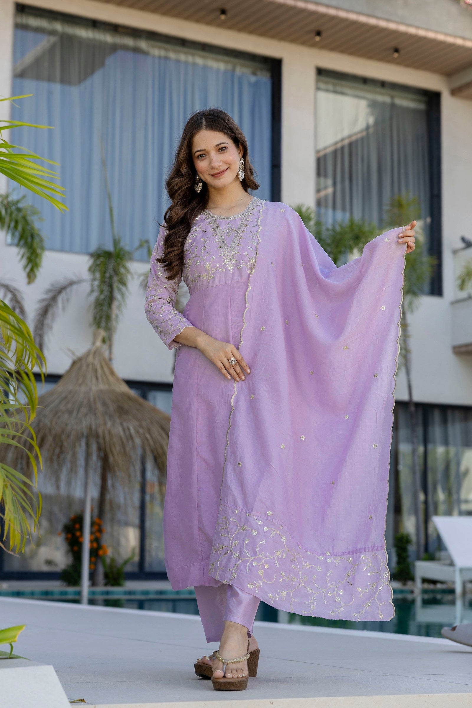 Purple Vichitra Embroidered Kurta Set