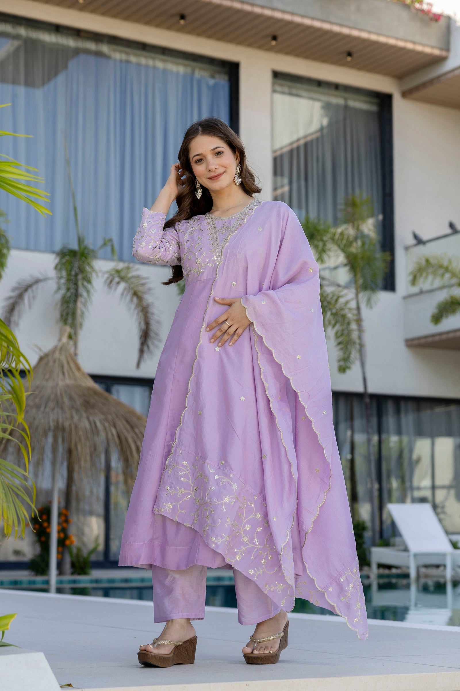 Purple Vichitra Embroidered Kurta Set