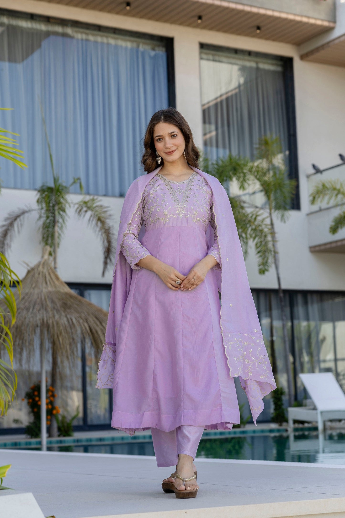 Purple Vichitra Embroidered Kurta Set