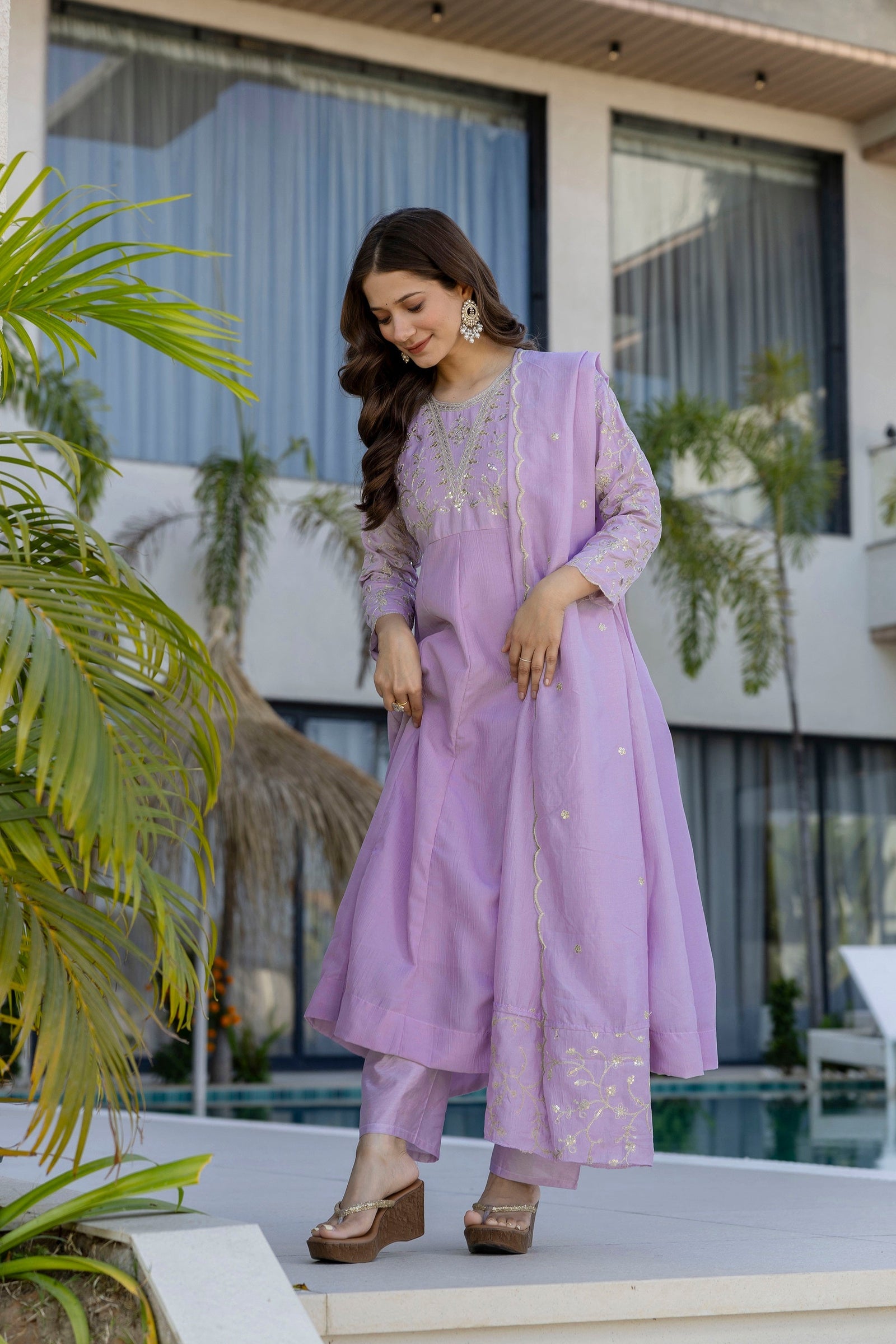 Purple Vichitra Embroidered Kurta Set