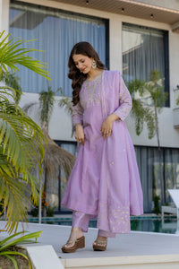 Purple Vichitra Embroidered Kurta Set
