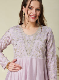 Pink Embroidered Vichitra Silk Flared Kurta Set