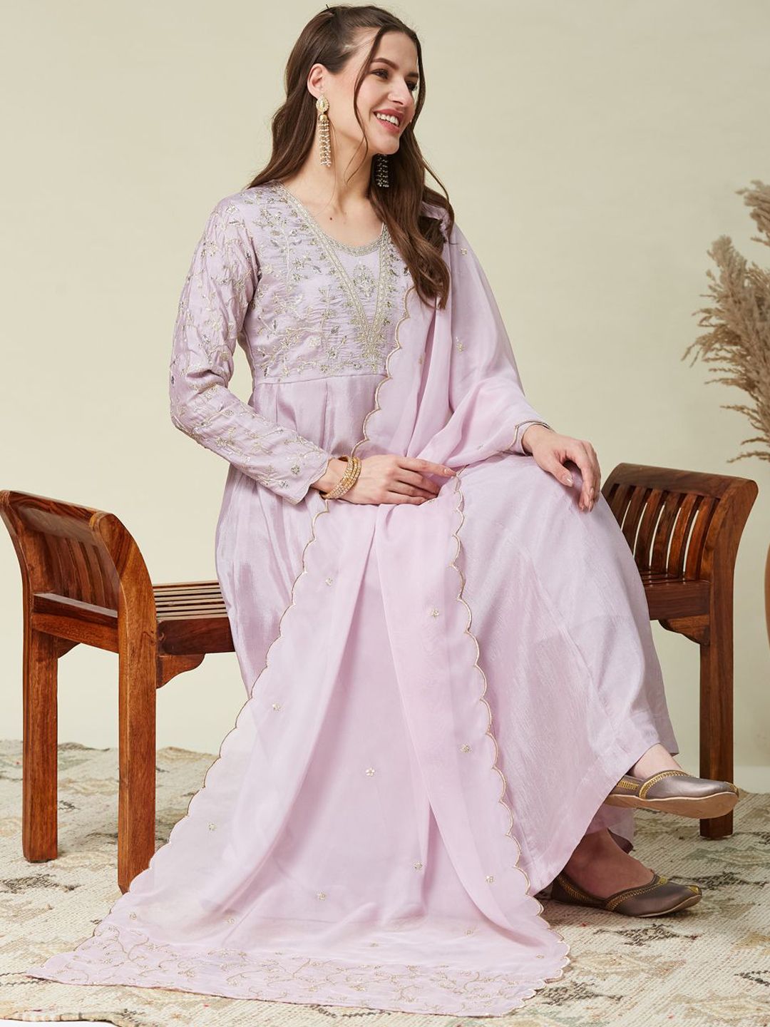 Pink Embroidered Vichitra Silk Flared Kurta Set