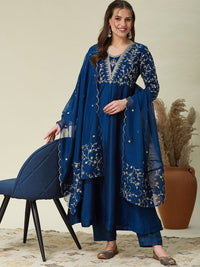 Blue Embroidered Vichitra Silk Flared Kurta Set