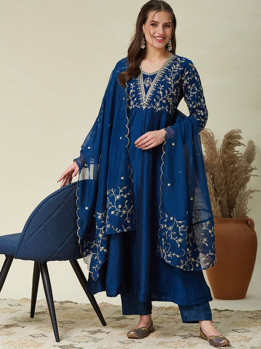 Blue Embroidered Vichitra Silk Flared Kurta Set