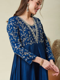 Blue Embroidered Vichitra Silk Flared Kurta Set