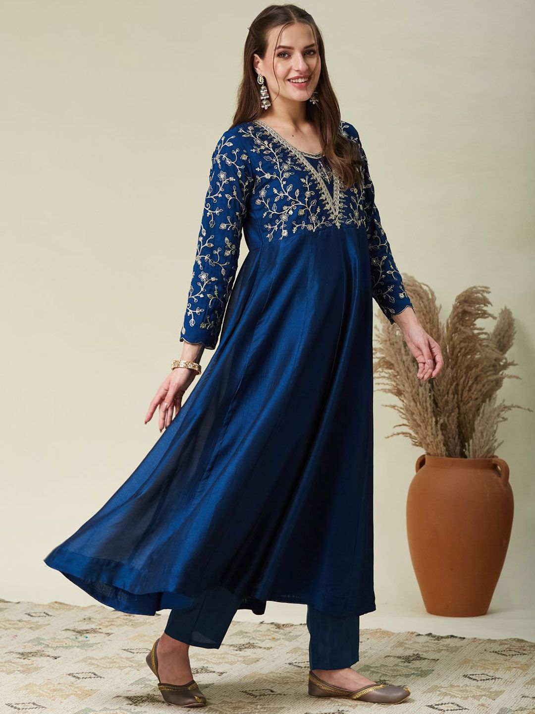 Blue Embroidered Vichitra Silk Flared Kurta Set