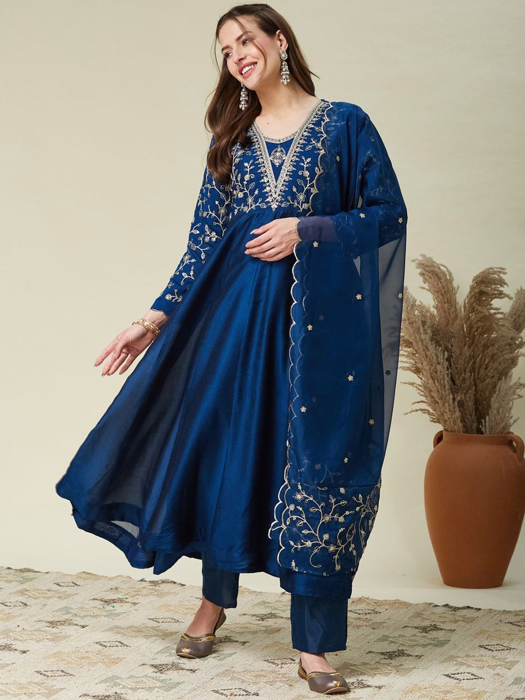 Blue Embroidered Vichitra Silk Flared Kurta Set