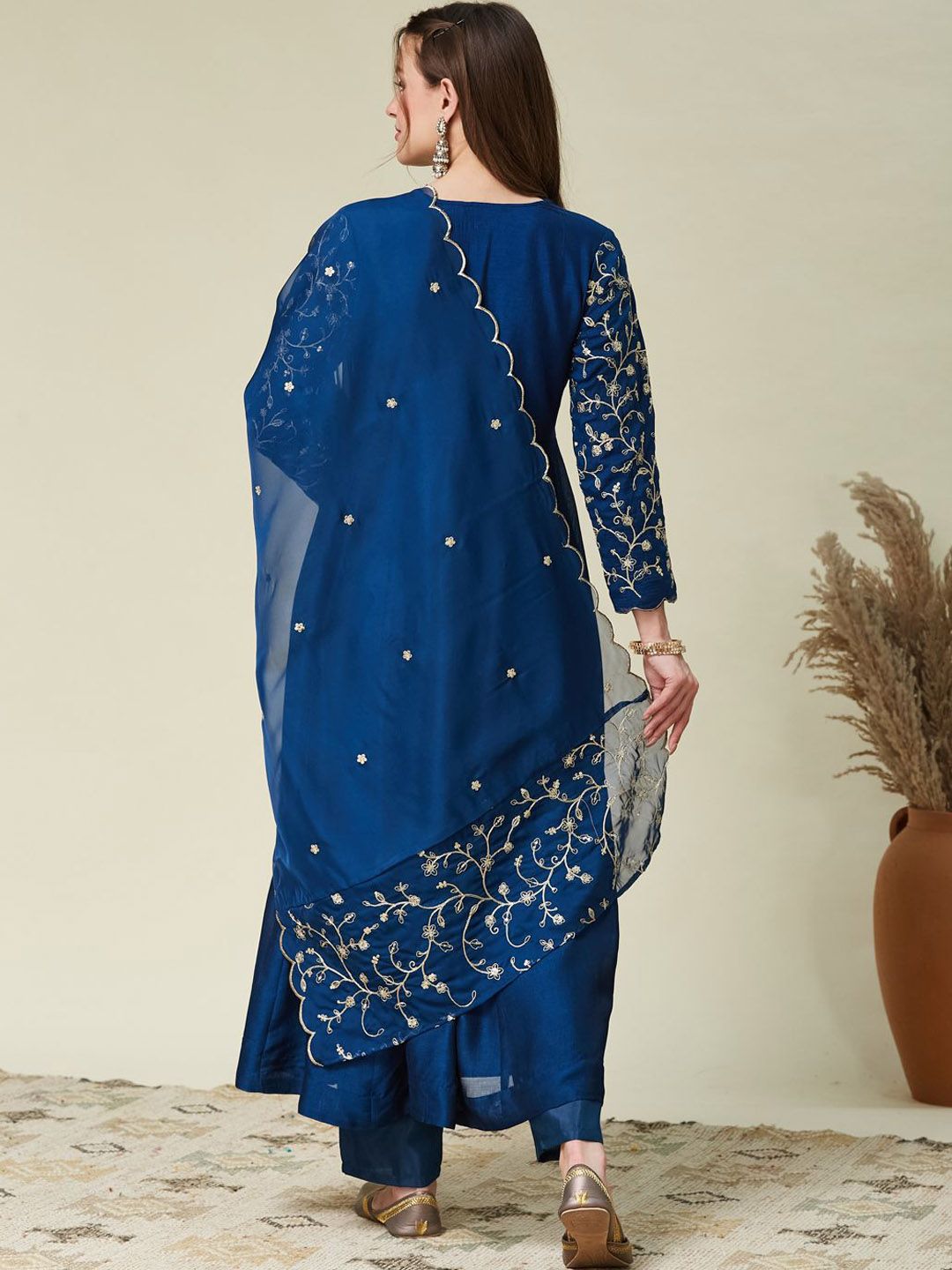 Blue Embroidered Vichitra Silk Flared Kurta Set