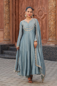 Grey Embroidered Vichitra Silk Sharara Suit Set