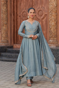 Grey Embroidered Vichitra Silk Sharara Suit Set