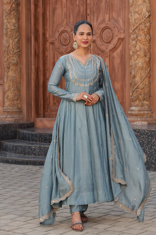 Grey Embroidered Vichitra Silk Sharara Suit Set