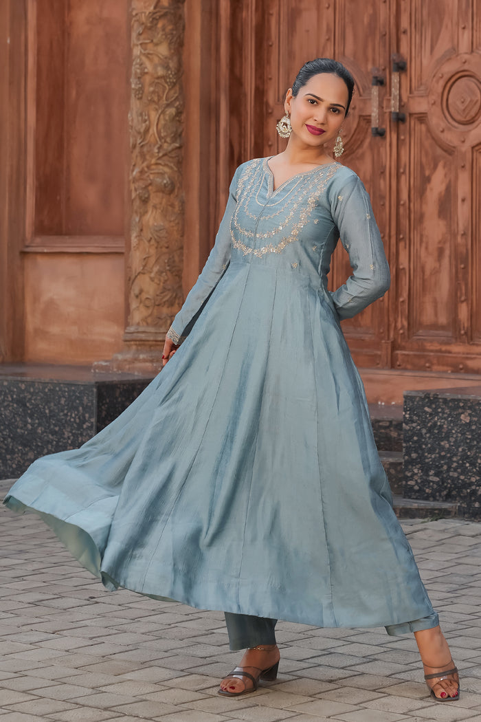Grey Embroidered Vichitra Silk Sharara Suit Set