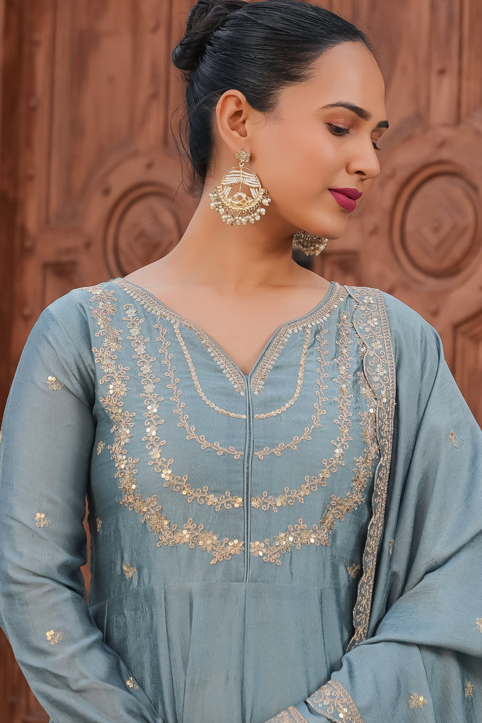 Grey Embroidered Vichitra Silk Sharara Suit Set