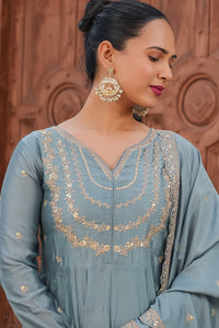 Grey Embroidered Vichitra Silk Sharara Suit Set