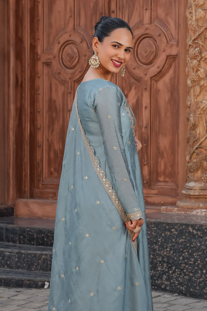 Grey Embroidered Vichitra Silk Sharara Suit Set