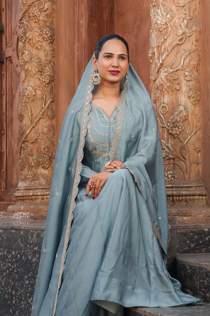 Grey Embroidered Vichitra Silk Sharara Suit Set