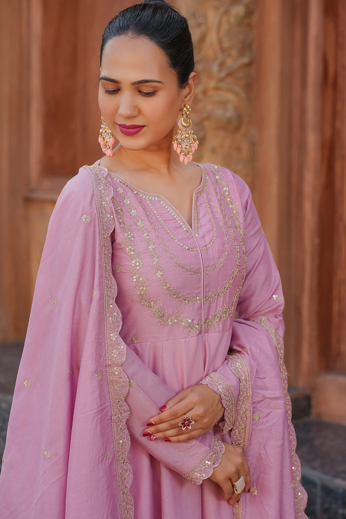 Pink Embroidered Vichitra Silk Sharara Suit Set