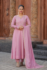 Pink Embroidered Vichitra Silk Sharara Suit Set