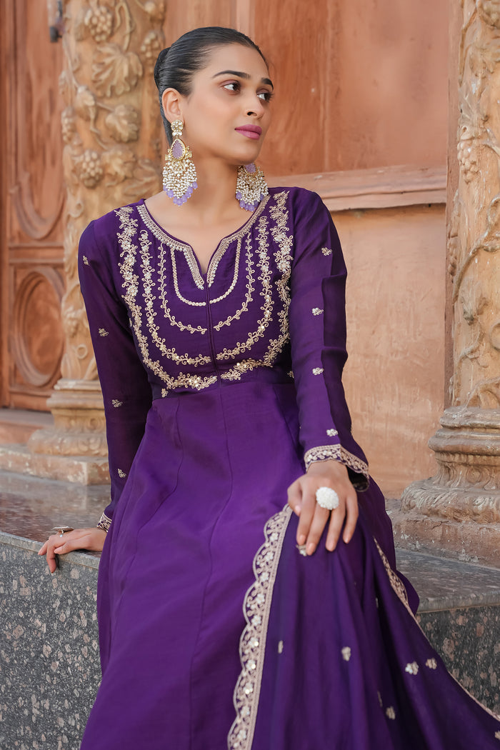 Wine Embroidered Vichitra Silk Sharara Suit Set
