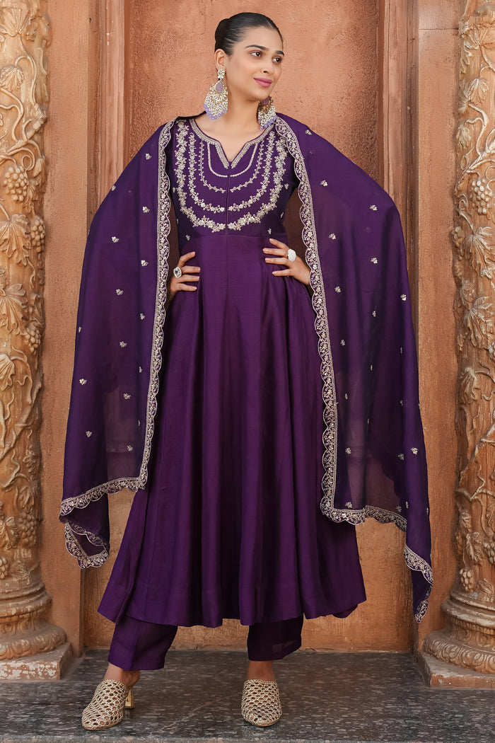 Wine Embroidered Vichitra Silk Sharara Suit Set