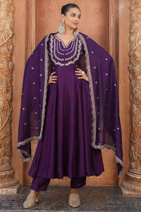 Wine Embroidered Vichitra Silk Sharara Suit Set