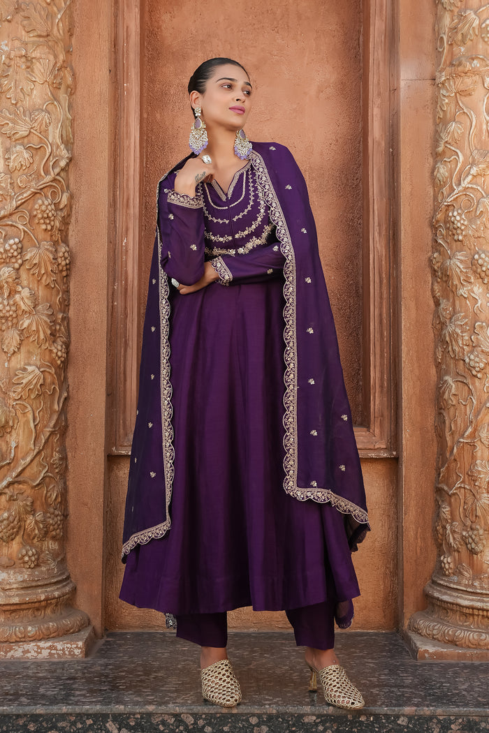 Wine Embroidered Vichitra Silk Sharara Suit Set
