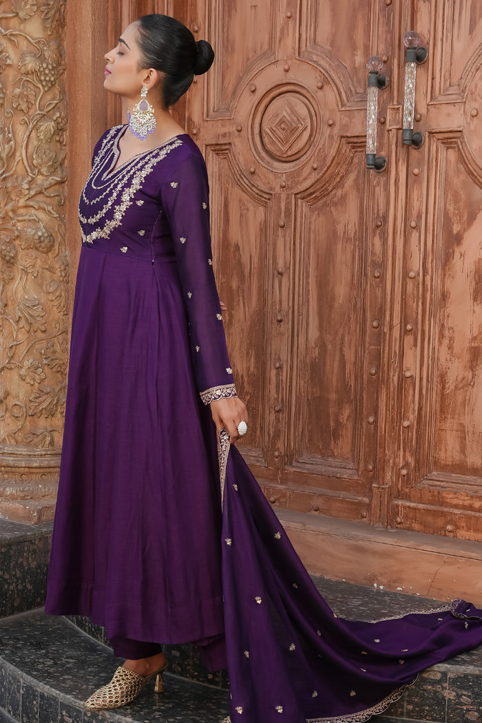 Wine Embroidered Vichitra Silk Sharara Suit Set